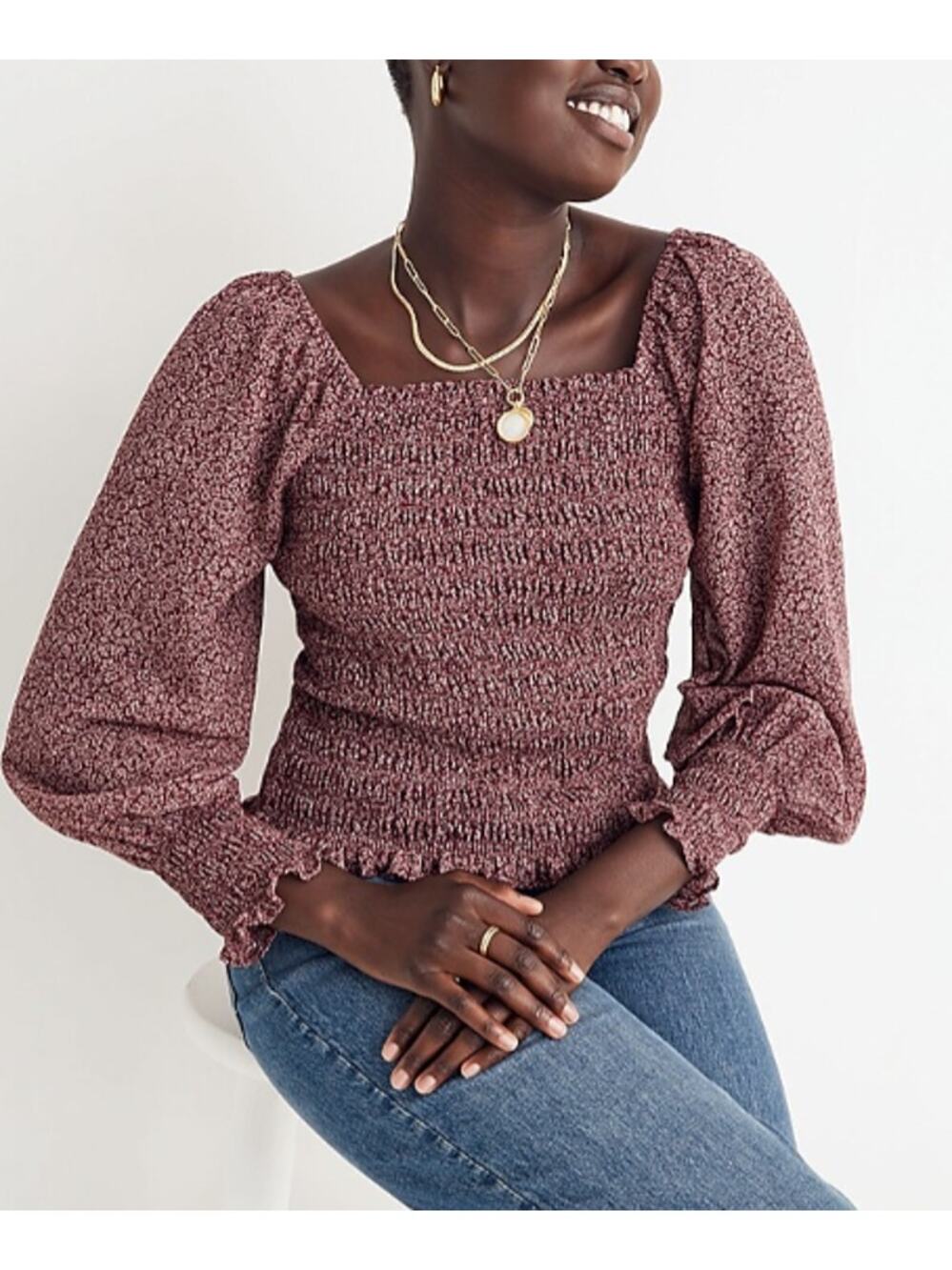Madewell Lucie Bubble-Sleeve Smocked Top in Cottage Garden Size M